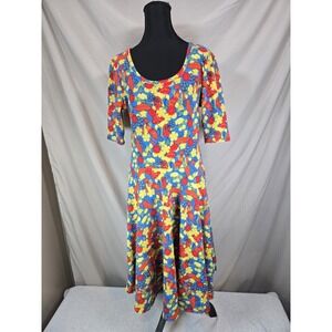 New LuLaRoe Nicole Dress L Large Blue Red Yellow Floral Flower Paisley Leaves
